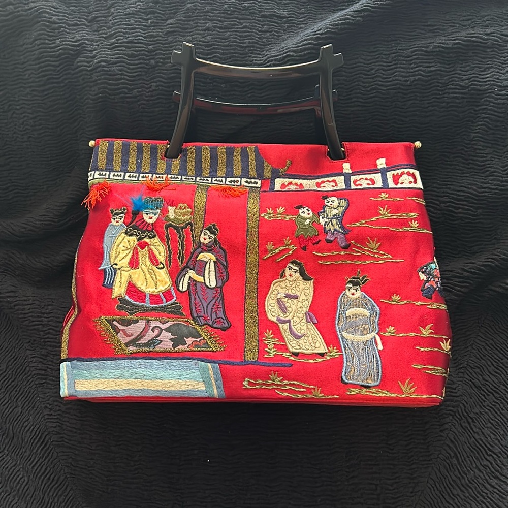 Natori red silk embroidered bag